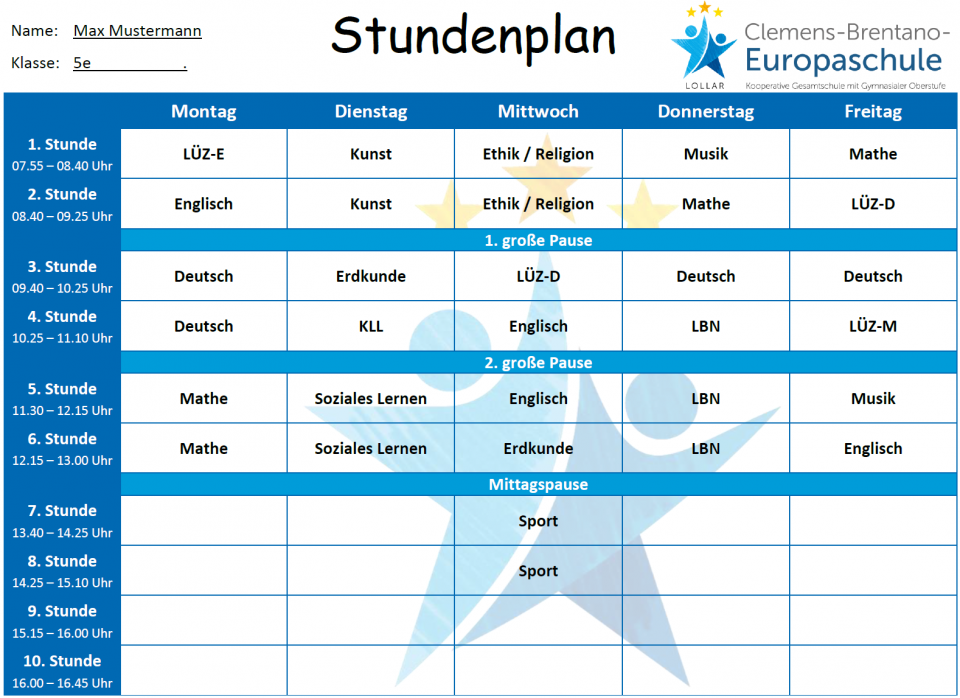 Stundenplan Förderstufe 5. Klasse